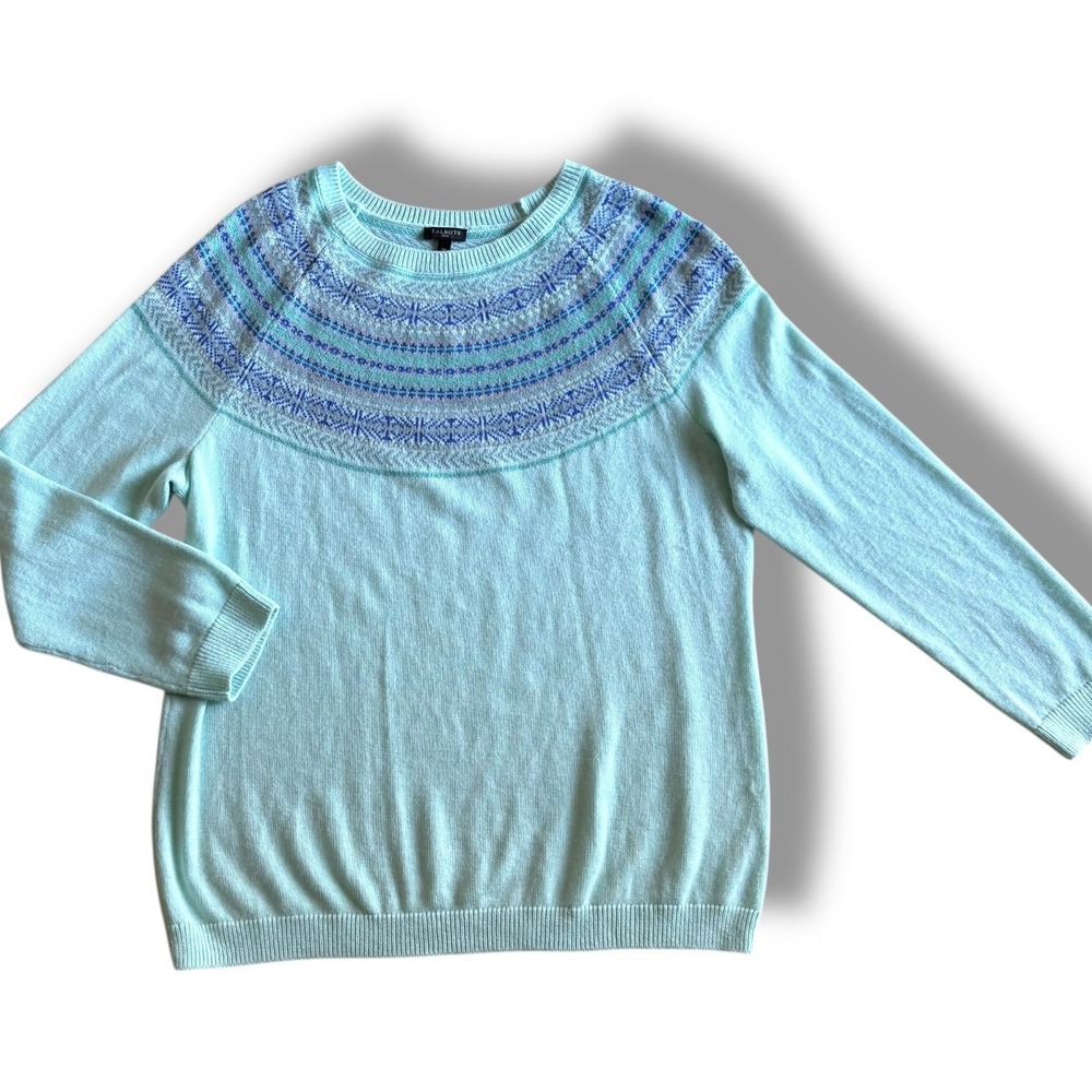 Talbots Plus Womens 1X Mint Green Fair Isle Yoke Lambs Wool Blend Sweater - Picture 2 of 6